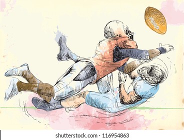 American football players. Vector several layers hand-drawn illustrations. At least four layers in each picture. The color layers is a maximum of sixteen colors. Black outlines in a special top layer.