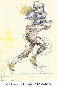 American football players. Vector several layers hand-drawn illustrations. At least four layers in each picture. The color layers is a maximum of sixteen colors. Black outlines in a special top layer.