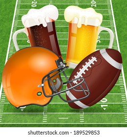 American Football Poster with Helmet, Ball, Field and Glasses of Beer, vector