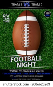 American football poster. Sport bar party banner. Football ball with neon lights illustration. Sport cafe event vector poster or banner design.