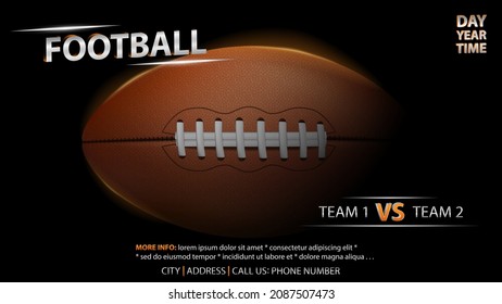 American football poster. Sport event poster or website banner. Sport bar party. Football ball with neon lights illustration. American football game vector poster or banner design.