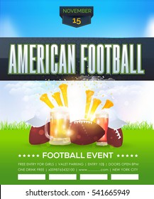 American Football Poster Vector Background. Sports Event Info Postcard Design and Ad Web Banner or Vertical Card Template. Realistic Ball and Beer