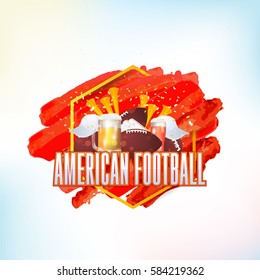 American Football Poster Vector Background. Sports Event Info Postcard Design and Ad Web Banner or Card Template. Realistic Ball and Beer