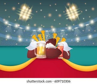 American Football Poster Vector Background. Sports Event Info Postcard Design and Ad Web Banner or Horizontal Card Template. Realistic Ball and Beer Elements. Stadium Illustration