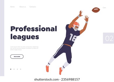 American football professional leagues landing page design template with sportsman catching ball