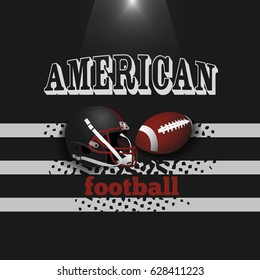 American football. Protective mask and ball. Light searchlight. Vector illustration.