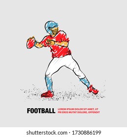 American football quarterback throws the ball. Vector outline of football player with scribble doodles style.