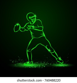 American football quarterback throws the ball. Green Neon Sports Vector Illustration.