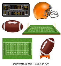 American Football Realistic Icons mit Field, Ball, Goal, Helmet, Scoreboard. Einzelne Vektorgrafik