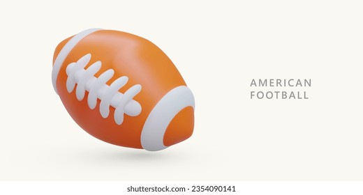 American football. Realistic rugby ball. Oval sports accessory. Web poster with vector image and place for text. Horizontal template for shop. Advertisement for sports school, club. Color concept