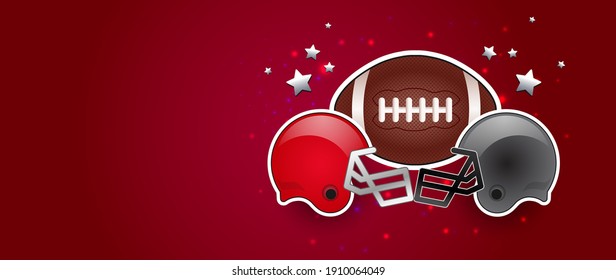 American football red background banner with american football ball, two opponent teams helmets in red and gray color, stars in the background. USA patriotic red banner, no text