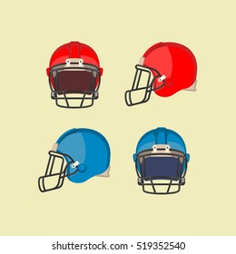 American football red and blue helmets. Front and side view on football protective mask. Hard plastic shell with thick padding on inside, face mask made of metal bar, chinstrap. Vector illustration