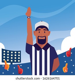american football referee with his hand up on stadium vector illustration design