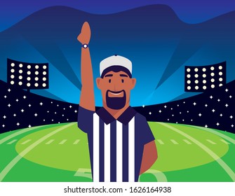 american football referee with his hand up on stadium vector illustration design