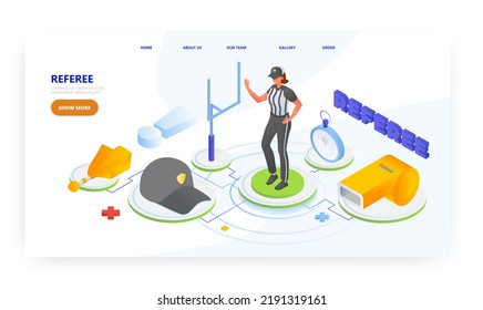 American football referee, landing page design, website banner vector template. Female referee uniform and equipment.