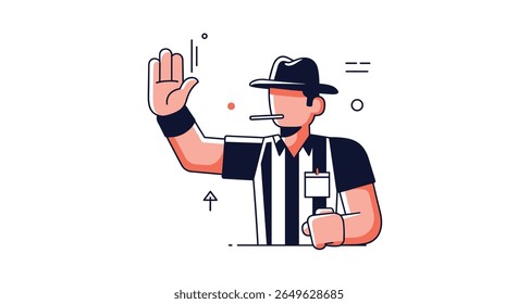 American football referee signaling a penalty during a professional sporting event with a whistle in his mouth and a black hat on his head