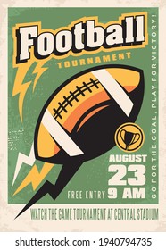 American football retro poster template for local tournament with rugby ball, trophy cup and flash speed trails and thunders. Sports and recreation vintage vector flyer layout.