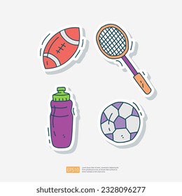 American football rugby, badminton racket, water flask, soccer football doodle. Sport Fitness and healthy life Sticker Set Vector Illustration