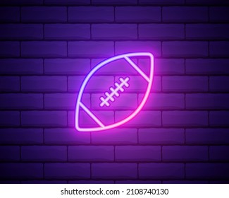 American football, rugby ball, sport logo. Pink neon style on brick wall background. Light linear icon with editable stroke.