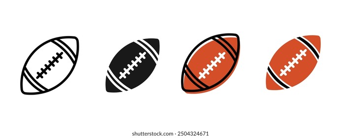 American football, rugby ball various styles, outline, solid black and colored, editable vector eps 10.