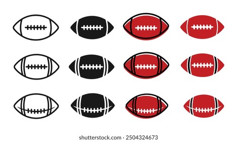 Fútbol americano, pelota de rugby varios estilos, contorno, negro sólido y coloreado, Vector editable eps 10.