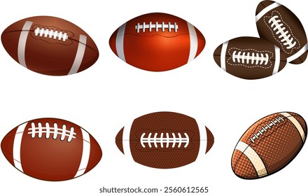 American football, rugby ball various styles, outline, solid black and colored, editable vector