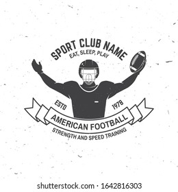 American football or rugby club badge. Vector illustration. Concept for shirt, logo, print, stamp, tee, patch. Vintage typography design with american football sportsman player with ball silhouette