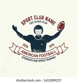 American football or rugby club badge. Vector illustration. Concept for shirt, logo, print, stamp, tee, patch. Vintage typography design with american football sportsman player with ball silhouette