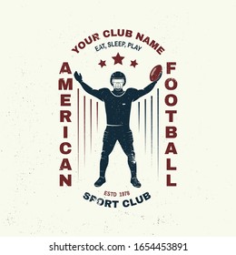 American football or rugby club badge. Vector illustration. Concept for shirt, logo, print, stamp, tee, patch. Vintage typography design with american football sportsman player with ball silhouette