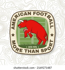 American football or rugby club embroidery patch. Vector. Concept for shirt, logo, print, stamp, patch. Vintage typography design with bull sportsman player silhouette