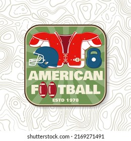 American football or rugby club embroidery patch. Vector. Concept for shirt, logo, print, stamp, tee, patch. Vintage typography design with american football ball and helmet silhouette