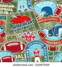 American Football Or Rugby Club Seamless Pattern. Vector Illustration. Wallpaper, Background With With Bull, American Football Sportsman Player, Helmet, Ball And Shoulder Pads