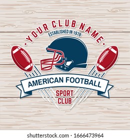 American football or rugby club sticker or patch. Vector illustration. Concept for shirt, logo, print, stamp, tee, patch. Vintage typography design with american football ball and helmet silhouette