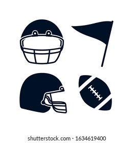 American football rugby helmet front and side view, flag, rugby ball illustration simple icon black color set