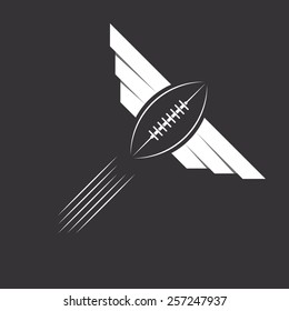 American football or rugby logo ball fly with wings, abstract throw sport sticker emblem