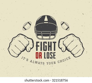 American football or rugby motivation with helm, fists and ball in vintage style. Vector illustration