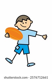 American football or rugby, one boy with ball, funny vector illustration