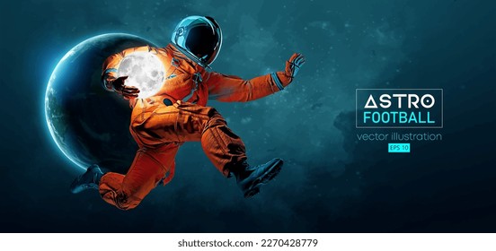 American football, rugby player astronaut in space action and Earth, Moon planets on the background of the space. Vector