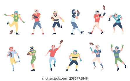 American football. Rugby players in sport uniform. Isolated flat athletes play with hand ball, sportlers in different poses. Competition characters recent vector set