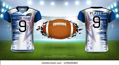 American Football, Rugby or Soccer Jerseys Uniforms, Realistic Graphic Design Front and Back View for Presentation Mockup Template, Vector EPS10 fully editable, Easy Possibility to Apply Your Artwork.