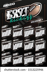 American football or rugby sport wall vertical calendar for 2020. One page Retro style calendar template with holidays and sport equipment. Black background