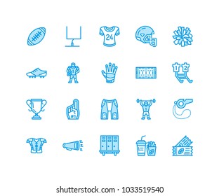 American football, rugby vector flat line icons. Sport game elements - ball, field, player, helmet, fan finger, snacks. Linear signs set, championship pictogram for fan store. Pixel perfect 64x64.