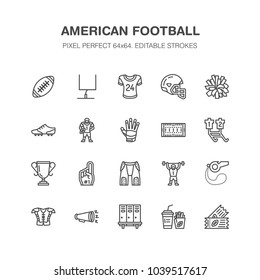 American Football, Rugby Vector Flat Line Icons. Sport Game Elements - Ball, Field, Player, Helmet, Fan Finger, Snacks. Linear Signs Set, Championship Pictogram For Fan Store. Pixel Perfect 64x64.