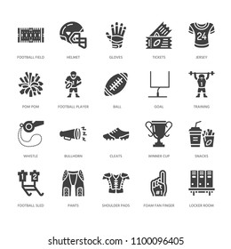 American football, rugby vector flat glyph icons. Sport game elements - ball, field, player, helmet, fan finger snacks. Signs set, championship pictogram. Solid silhouette pixel perfect 64x64.