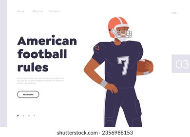 American football rules landing page design template with sportsman wearing uniform holding ball