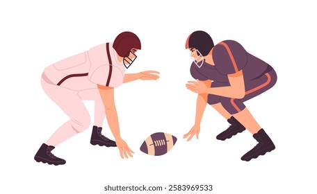 American football scene. Men fight for ball. Active lifestyle and team sports. Competitions and tournament. Poster or banner. Flat vector illustration isolated on white background