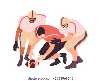American football scene. Men fight for ball. Quarterback players at stadium. Competitions and tournament. Rugby and football. Flat vector illustration isolated on white background