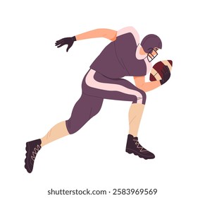 American football scene. Men run with ball in hands. Quarterback player at stadium. Team sports, competition and tournament. Flat vector illustration isolated on white background