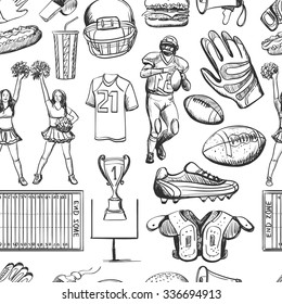 American Football Seamlees pattern with equipment such as helmet, cup, shape, ball, cheerleaders, player, sneakers. Sport background