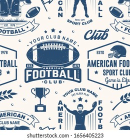 American football seamless pattern, background. Vector illustration. Seamless sport pattern with sportsman player, helmet, ball and shoulder pads silhouette. American football sport club texture